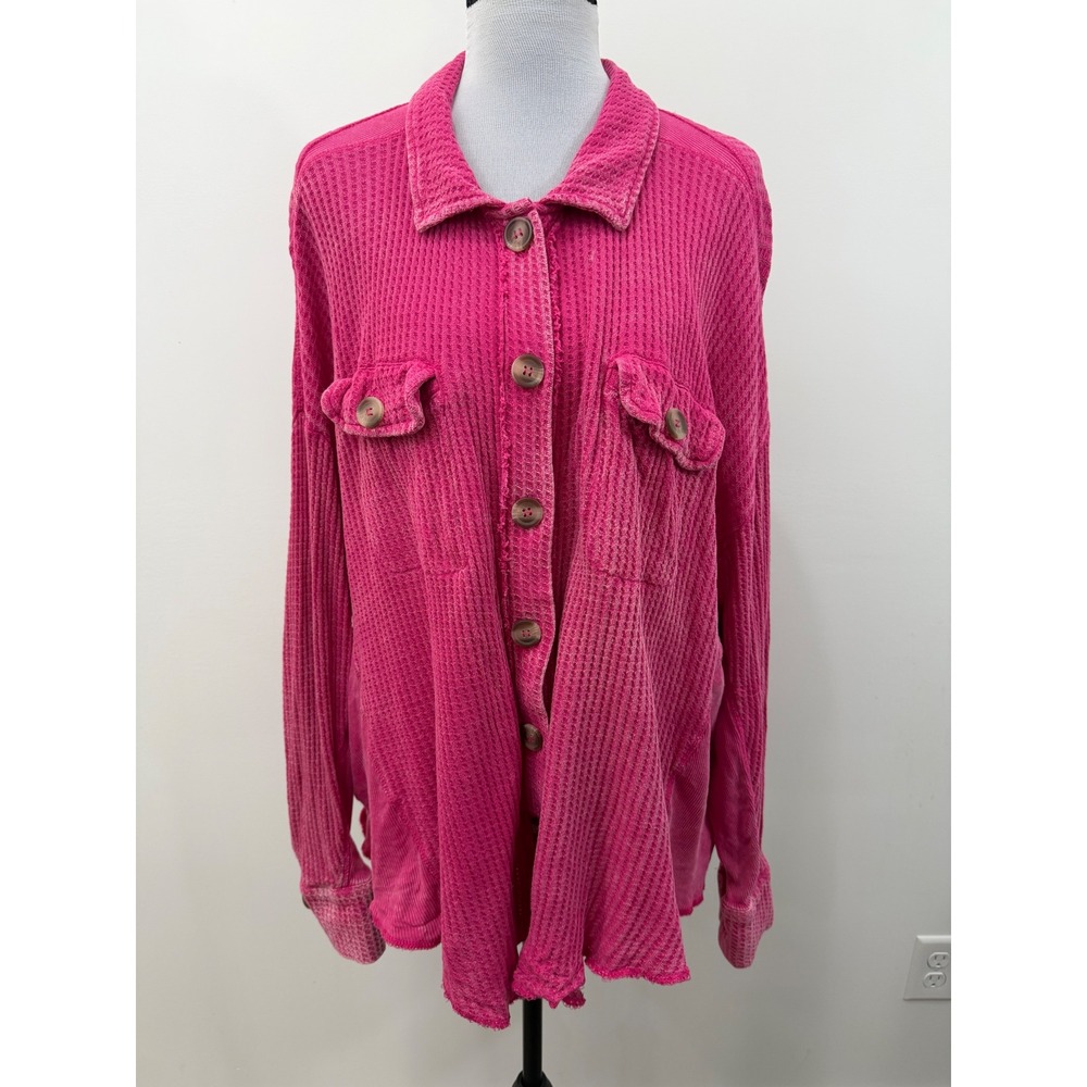 Zenana Hot Pink Waffle Knit Shacket Oversized Cotton Button Down CJW-3300 S/M